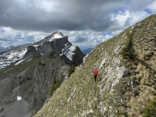 Alpines Ambiente kurz nach dem Gipfelkreuz des Strick. In der Ferne der Heftiboden und der Hächle-Gipfel.
