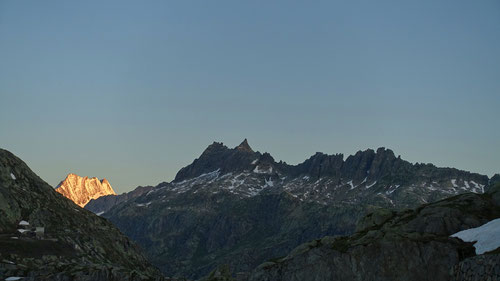 Brünberg-Ostgrat mit seinen beiden Gipfeln. Links das Finsteraarhorn in der Morgensonne.