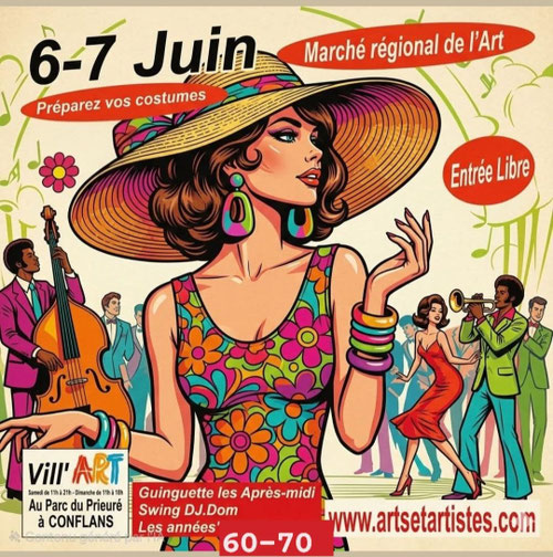 Piste de danse au milieu du village d'artistes après-midi dansante ouvert à tous dés 15h .Musique swing avec DOM...Costumes des années 60-70 de la couleurs toujours de la couleurs.
