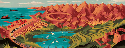 Para llegar al puerto peruano de Chancay, la ruta podría atravesar la Reserva Nacional de Junín, un humedal protegido situado a 4.000 metros de altitud, así como el Santuario Histórico de Machu Picchu. Ilustración: Rafael Nobre / Dialogue Earth.