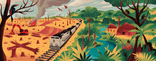 El tramo amazónico de la línea ferroviaria podría afectar a una serie de zonas sensibles, entre ellas las de los pueblos indígenas karipuna y karitiana, que ya se encuentran amenazados. Iustración: Rafael Nobre / Dialogue Earth