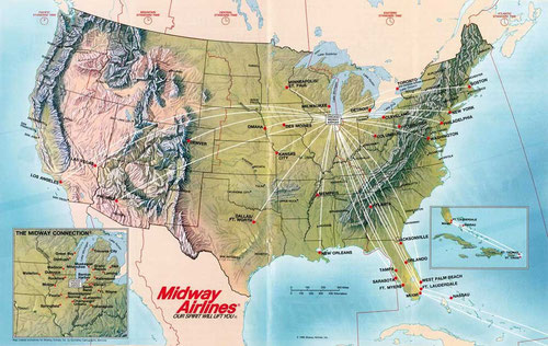 Routenkarte von 1989/Courtesy: Midway Airlines