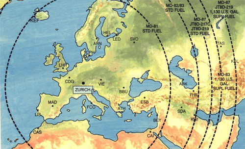 Reichweite ab Zürich/Courtesy: McDonnell Douglas