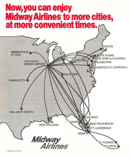 Routennetz, ebenfalls 1985, nur etwas anders präsentiert/Courtesy: Midway Airlines