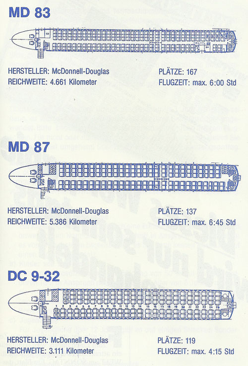 Sitzpläne der Aero Lloyd-Flotte, 1988/1989. Es fehlt die Caravelle./Courtesy: Aero Lloyd