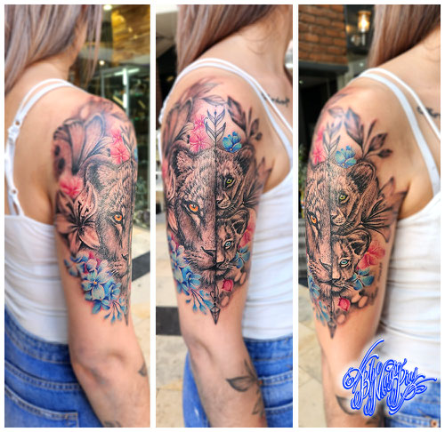 Custom healed sea sleeve design with cherry blossoms Blue Magic Pins tattoo Genk feminine woman anchor lighthouse lily compass shells boat sea star