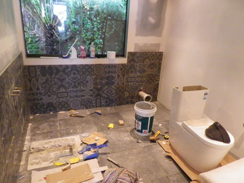 Almost done. The hole in the floor is to get the waste from the bath under the wall into the pipe next door.  Luckily I spotted the two X tiles together before they set. That would've driven my OCD mental