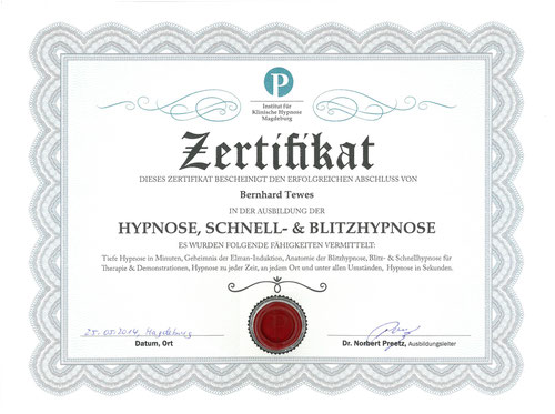 Zertifikat Schnellhypnose Dr. Norbert Preetz