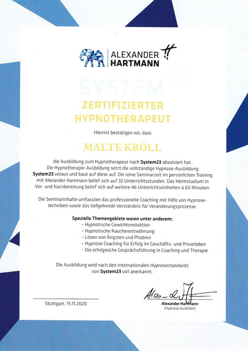 Malte Kröll Zertifikat System23 Kiez Hypnose Berlin