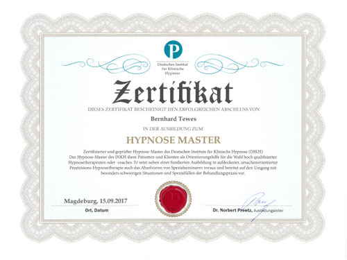 Zertifikat Hypnose Master, Dr. Norbert Preetz