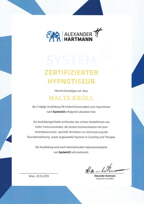 Malte Kröll Zertifikat System23 Kiez Hypnose Berlin