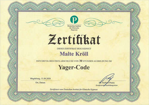 Malte Kröll Zertifikat Yager Code Kiez Hypnose Berlin