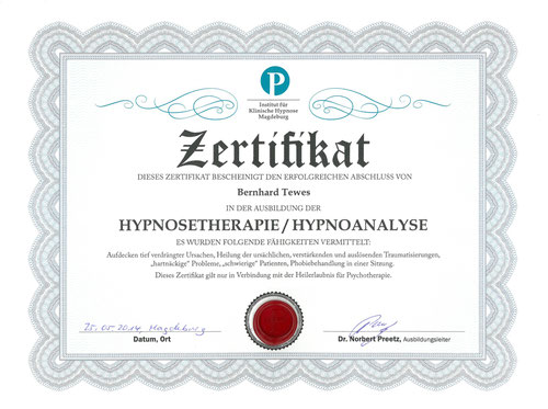 Zertifikat Hypnoanalyse Dr. Norbert Preetz
