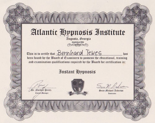 Zertifikat "Instant Hypnose", Sean Michael Andrews, USA