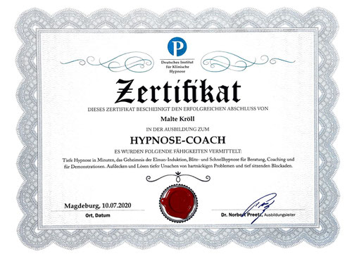 Malte Kröll Zertifikat Preetz Hypnose Kiez Hypnose