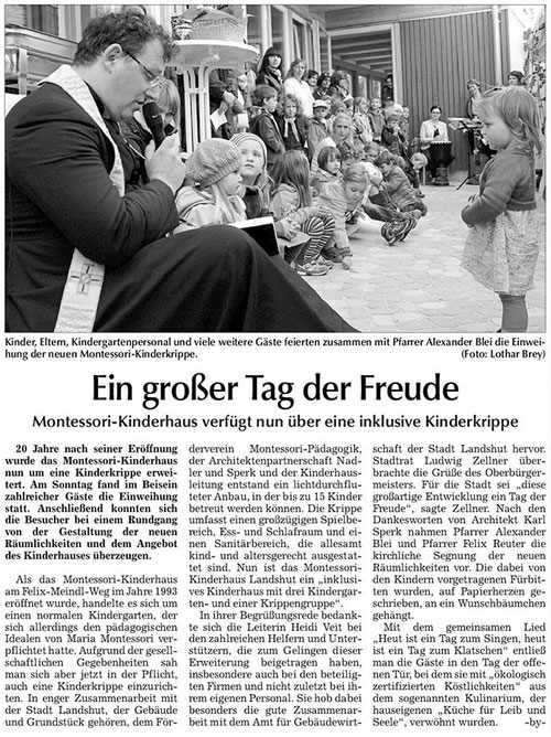 Artikel "Ein großer Tag der Freude - Motessori Kinderhaus verfügt nun über eine inklusive Kinderkrippe"