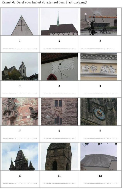 Zwölf Ausschnitte von Bilder von Gebäuden, Orten und Wahrzeichen in Basel zum Erraten