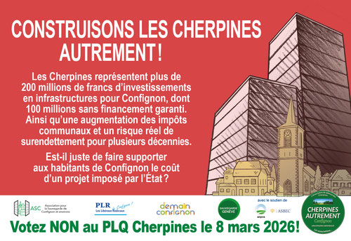 L’estimation à ce jour des coûts des infrastructures publiques obligatoires liées au projet des Cherpines dépasse 200 millions de francs. Environ la moitié de ce montant serait à la charge de la commune de Confignon, soit un peu plus de 100 millions de fr