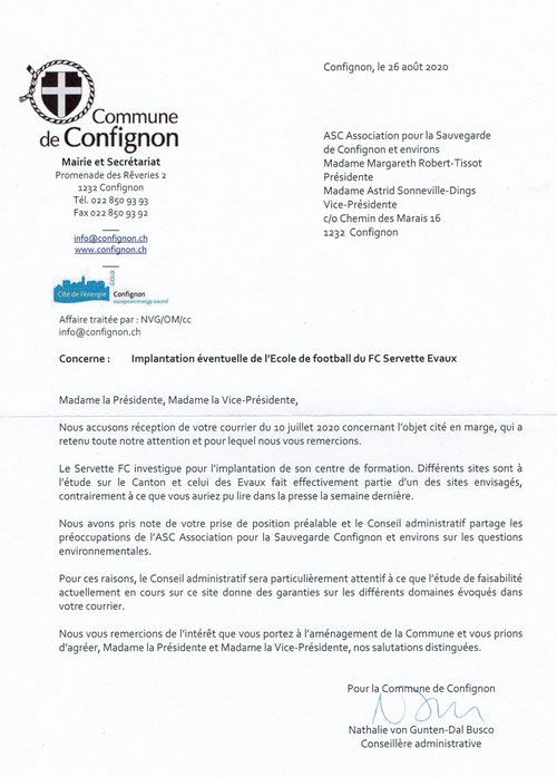 Courrier de la conseillère administrative Nathalie von Gunten-dal Busco du 26 août 2020