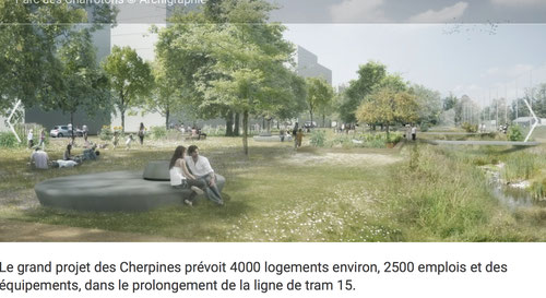 L'image mensongère des promoteurs : pas de voiture et de grands espaces verts. Le projet : des voitures partout et un quartier hyperdense. Des transports publics insuffisants