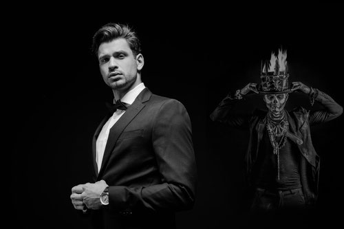voodoo ritual für macht business mann mit baron samedi in hintergrund