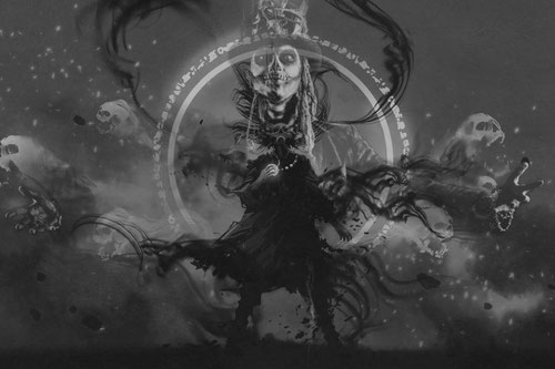 skelettkrieger mit baron samedi im hintergrund