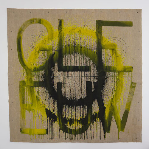 Melting Targets No. 4 — MT.4.6 Gleeuw, canvas with a black lion-like form and the letters G-L-E-E-U-W in yellow and black, with paint dripping downward.