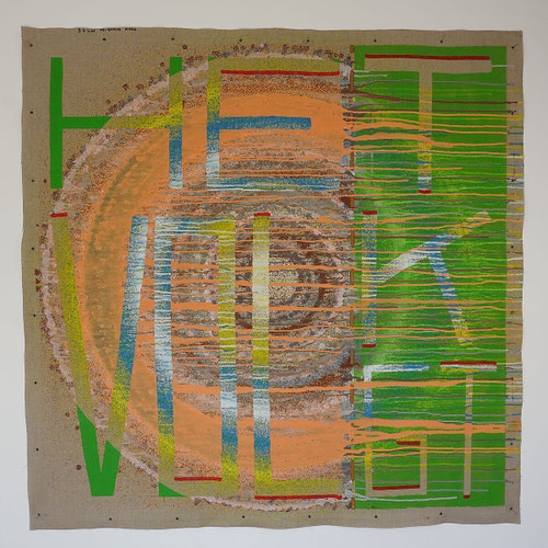 Melting Targets No. 4 — MT.4.4 The People Follow, canvas with concentric circles and the text “HET VOLK VOLGT” with paint running downward in long drips.