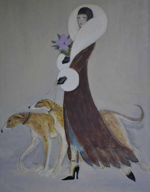 Eine Lady, Acryl auf Leinwand, Gemälde. Frau mit 2 Hunden, Mantel, edel gekleidet. Erika Dossow