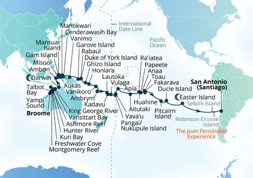 Routenkarte mit den 40 Stopps auf einer 64-tägigen Luxusexpedition mit der Seabourn Pursuit von Australien nach Chile