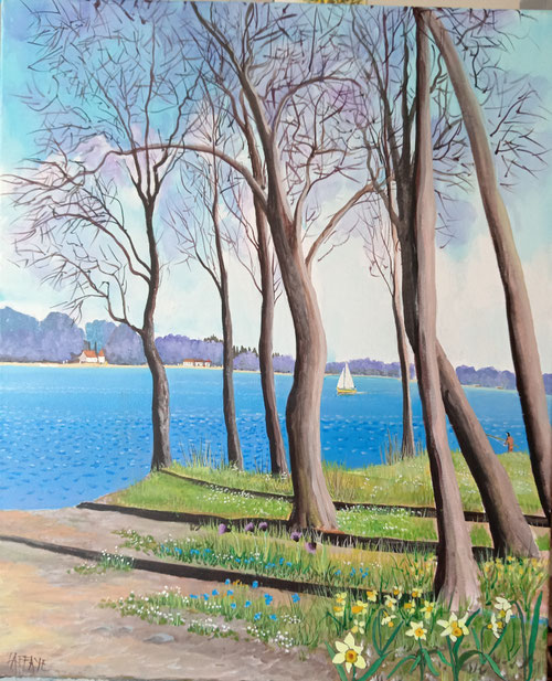 Au bord du lac au printemps. Acrylique sur toile. 60 X 50 cm. Disponible. 600€.