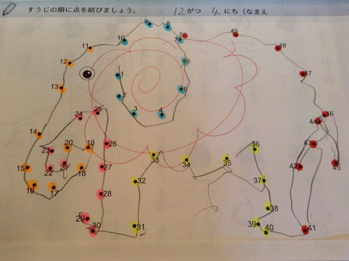 ▲50まで数を数えられなかった子が、一人で点つなぎをできるようになったとき、二人で喜びハイタッチしました。