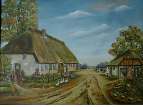Dieses Bild hat Hans Heinrich Kämmerer aus Schuby 1995 gemalt. Es zeigt das Haus der Familie Kämmerer, wie es seiner Erinnerung nach Ende der 1920iger Jahre ausgesehen hat.