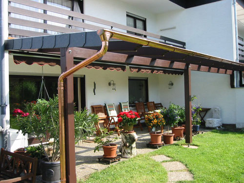 Terrassendach Leimholz in mahaghoni braun mit Kupferrinne und 8mm Glaseindeckung VSG . Terrassendach Höhr-Grenzhausen Terrassenüberdachung