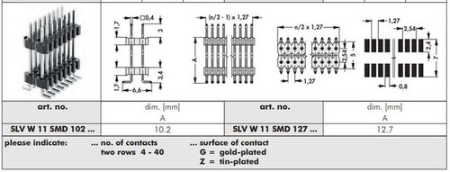 SLV W 11 SMD（表面実装用ピンヘッダ 1.27mmピッチ 段重ね用 2列）