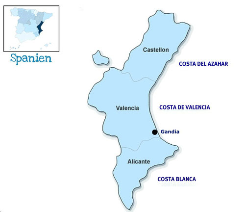Landkarte: Land Valencia, Comunitat Valenciana mit Castellón, Valencia & Alicante