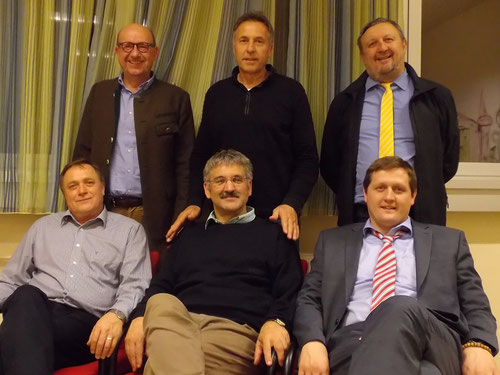 Präsidenten-Treffen am 8. April 2016: 1. Reihe v.l. Gollmann Eduard (1976-1984), Theuermann Franz (sonstige Zeiten), Veidl Gerhard (Pongratz&Veidl&Leeb 1994-1999); 2. Reihe Karner Helmut, Wutscher Meinhard (2006-2012) und Mitterbacher Walter (1984-1989)