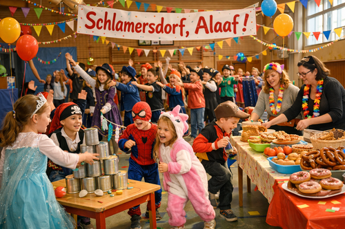 Faschingszeit in der Turnhalle. Dieses Bild wurde mit Hilfe von K.I. erstellt und zeigt keine realen Personen.