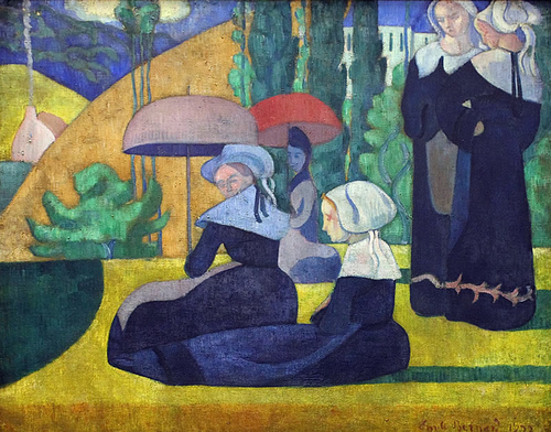 Emile Bernard.Les bretonnes aux ombrelles.1892.81x100cm.Negacion de la perspectiva y contornos silueteados,simplificación de formas.Formas planas que denotan su despreocupación por la verdad. Espacio sin profundidad.