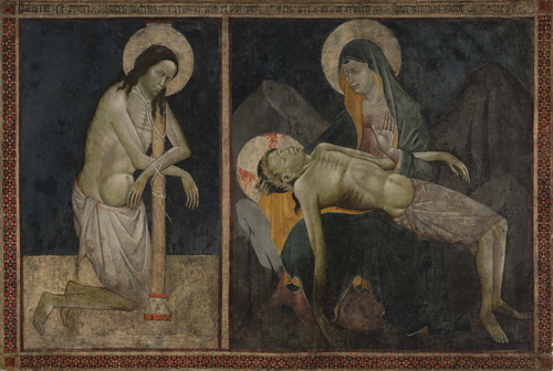 Maestro de la Piedad.Cristo atado a la columna,Piedad.1400-10.Temple sobre lienzo.84x125cm.Museo de Bellas Artes de Bilbao.Dos imágenes enmarcadas por cenefa geométrica,el maestro otorga a la piel un tono cerúleo en sintonía con el ambiente de contención.