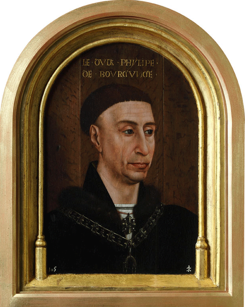 Felipe el Bueno, Taller Rogier van der Weyden,1460.Óleo sobre tabla de roble,51x36cm, marco original tallado en la misma pieza que el soporte, a la izquierda desciende un insecto parecido a la cochinilla que no se ha averiguado el significado. Patrimonio.