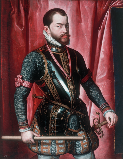 Retrato de Felipe II, de Juan Pantoja de la Cruz.1606.1608.Óleo sobre tabla.110x89cm. La monarquía hispánica en SXVII marcó tendencia en el lenguaje pictórico como la grana roja de pigmento o el brillo de la armadura, reafirma sus dominios con la mirada.