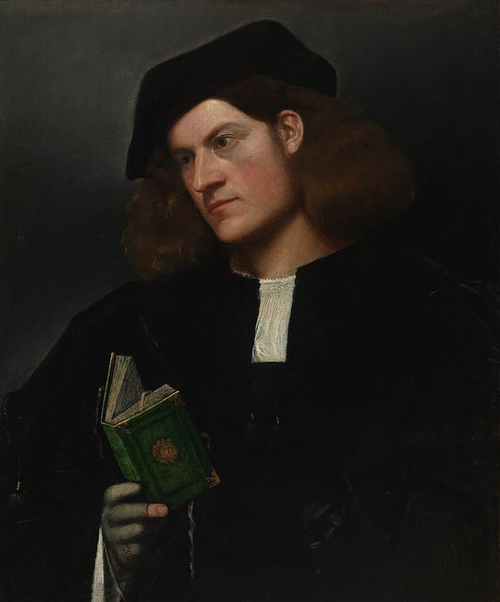 Atribido a Giovanni Carianni.Retrato de un joven con libro,1510-1520.San Francisco Art Museum.El protagonista lee un libro de mano de fácil portabilidad que la imprenta Aldo incorpora el formato reservado para libros religiosos,devocionales o el Vergilius