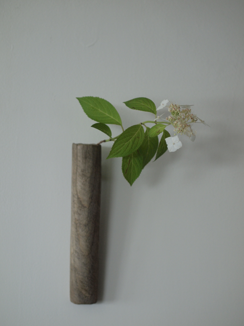 甘茶の花を掛け花入れに入れてみる。掛け花入/富山孝一