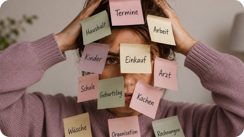 Frau mit vielen Haftnotizen vor dem Gesicht, die Termine, Haushalt, Kinder und weitere Aufgaben symbolisieren.