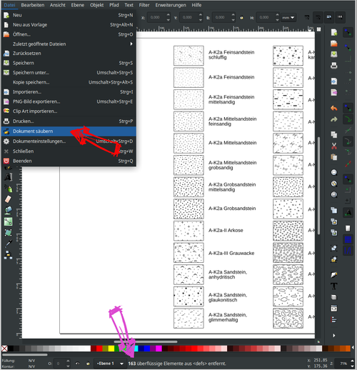 Abb. 5: Über "Datei|Dokument säubern" wird das Inkscape-Dokument von ungenutzten Textur-Definitionen befreit. Die Statuszeile zeigt, dass 163 "überflüssige Elemente" entfernt worden sind. Die neue Dateigröße beträgt nur noch ca. 680 kb.