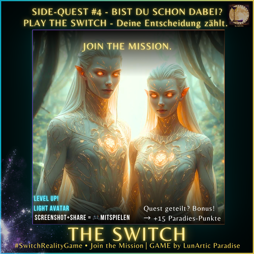 Light Avatar Side-Quest-Karte aus dem interaktiven Switch-Reality-Game von LunArtic Paradise – Codename The Illuminator. Symbol für Leichtigkeit und Herzenergie. Veganes Transformationstraining für bewusste Ernährung, Balance und Lichtbewusstsein.