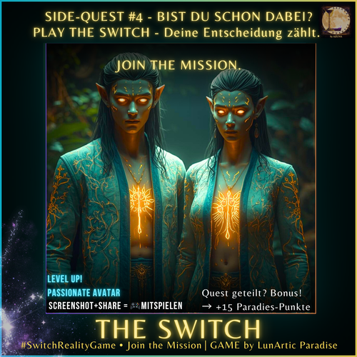 Passionate Avatar Side-Quest-Karte aus dem Switch-Reality-Game von LunArtic Paradise – Codename Fire Architect. Verkörpert Mut, Disziplin und Wahrheit. Dark-Sci-Fi-Training für vegane Transformation, mentale Stärke und radikalen Realitäts-Shift.