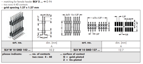 SLV W 10 SMD（表面実装用ピンヘッダ 1.27mmピッチ 段重ね用 2列）