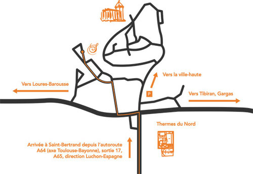 Cette image représente le plan d'accès pour les Sabots d'Isa à Saint-Bertrand-de-Comminges Ville Basse, atelier de création de sabots cuir-bois sur mesure et de chaussures artisanales